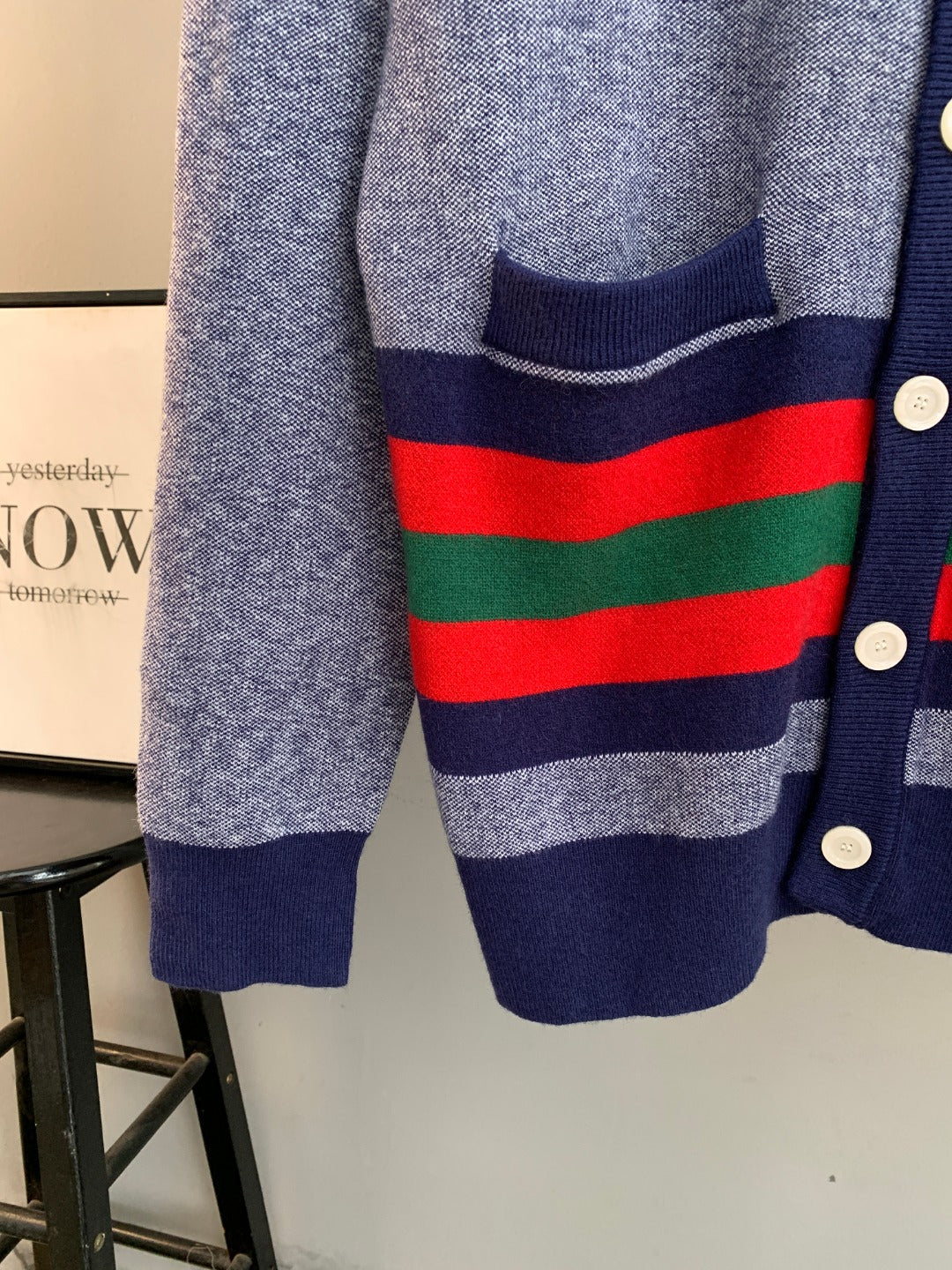 Long cardigan by Gucci with multicolor stripe band and button placket