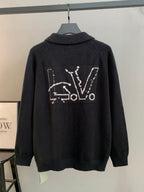 Dark knit cardigan with back graphic text and line design