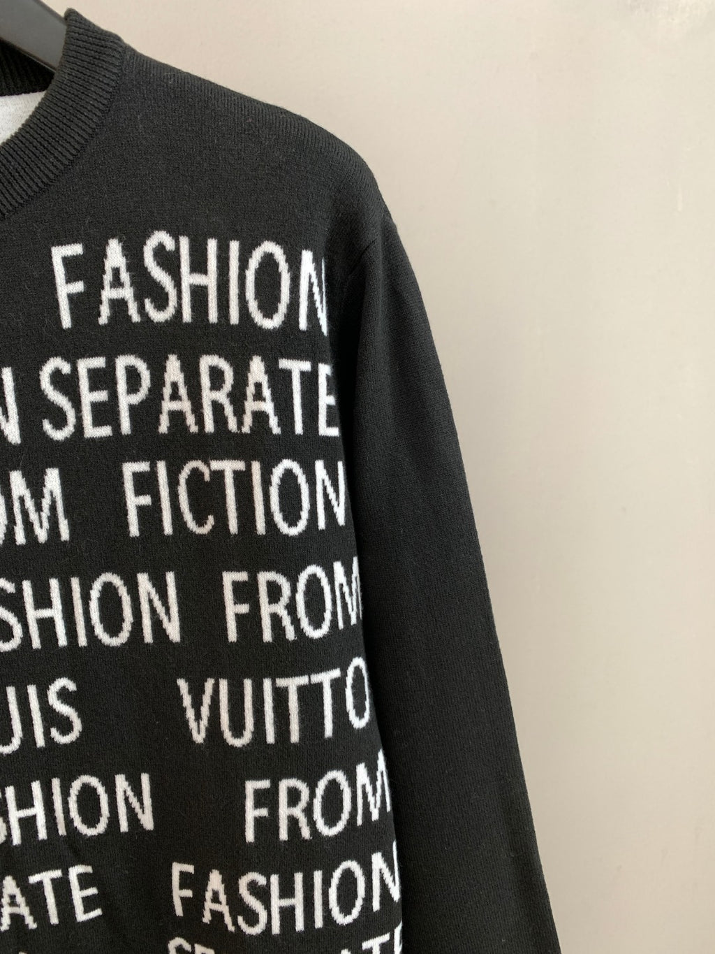 Black sweater panel with white "Fashion" and "Separate" text print