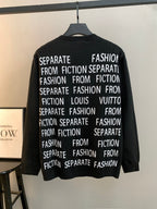 Black long-sleeve crewneck sweater with repeating white "Fashion" and "Louis Vuitton" text