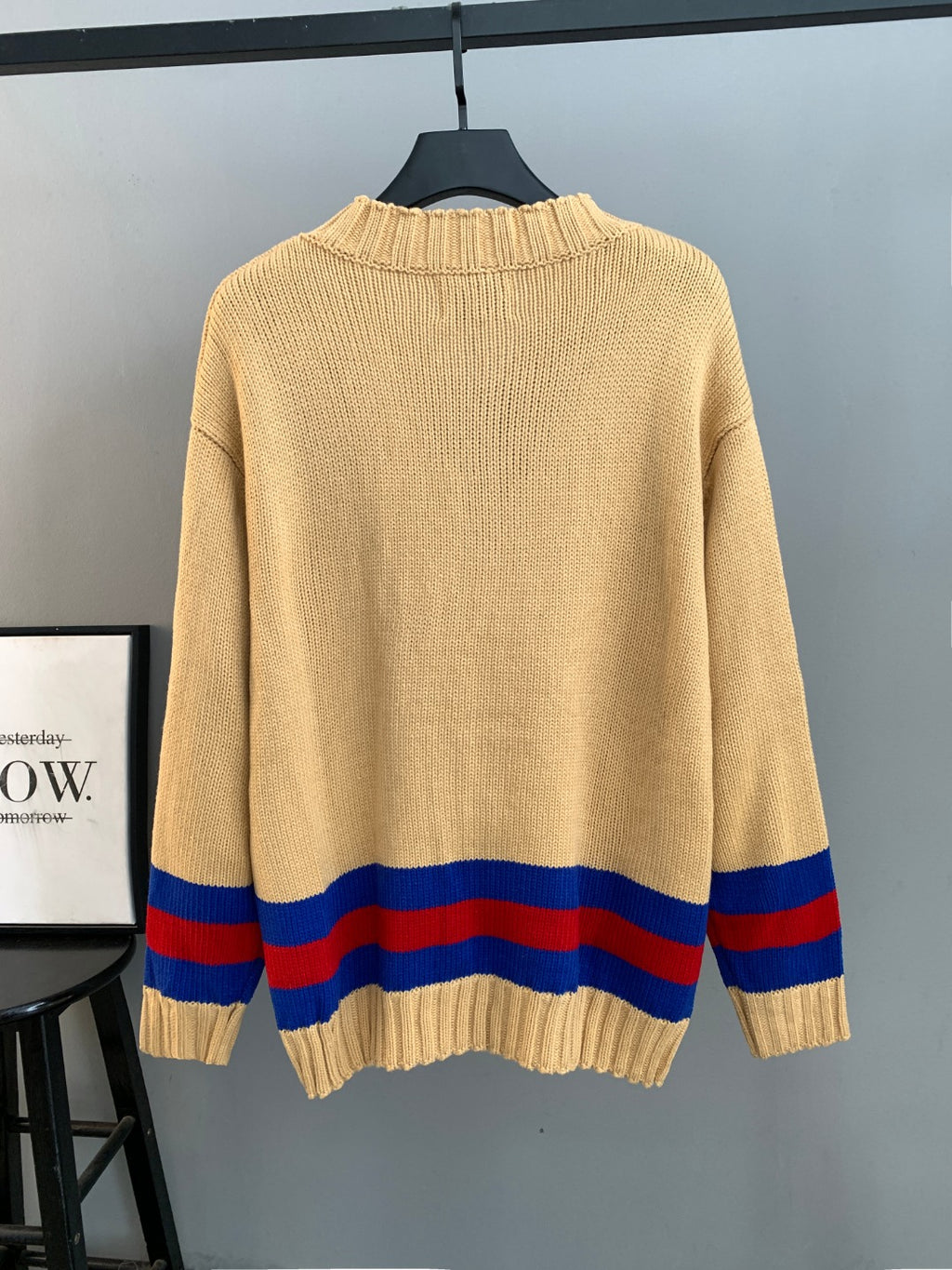 Gucci ribbed knit sweater with high neck and red/blue striped band