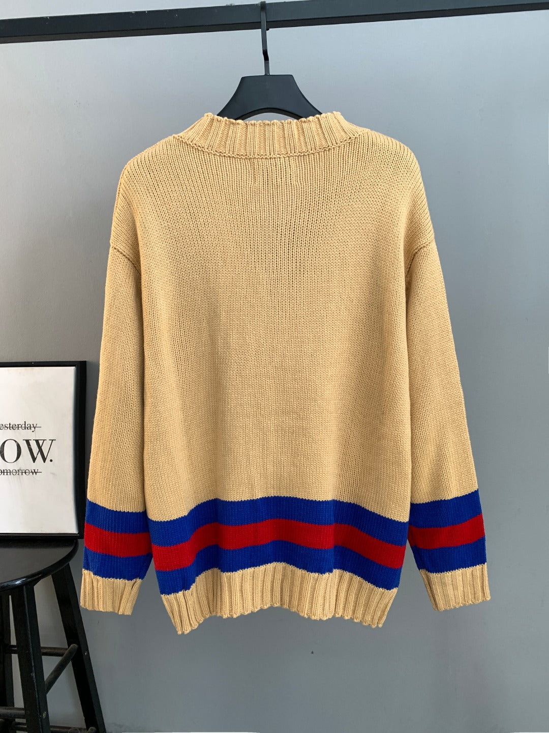 Gucci ribbed knit sweater with high neck and red/blue striped band