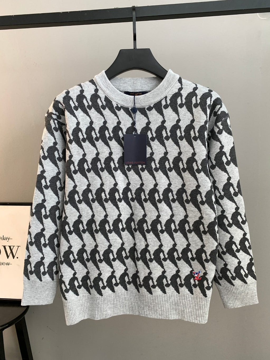 Crewneck long-sleeve sweater, light knit with black silhouette pattern