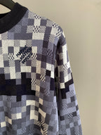 Louis Vuitton check knit sweater side view with long sleeve and navy hem
