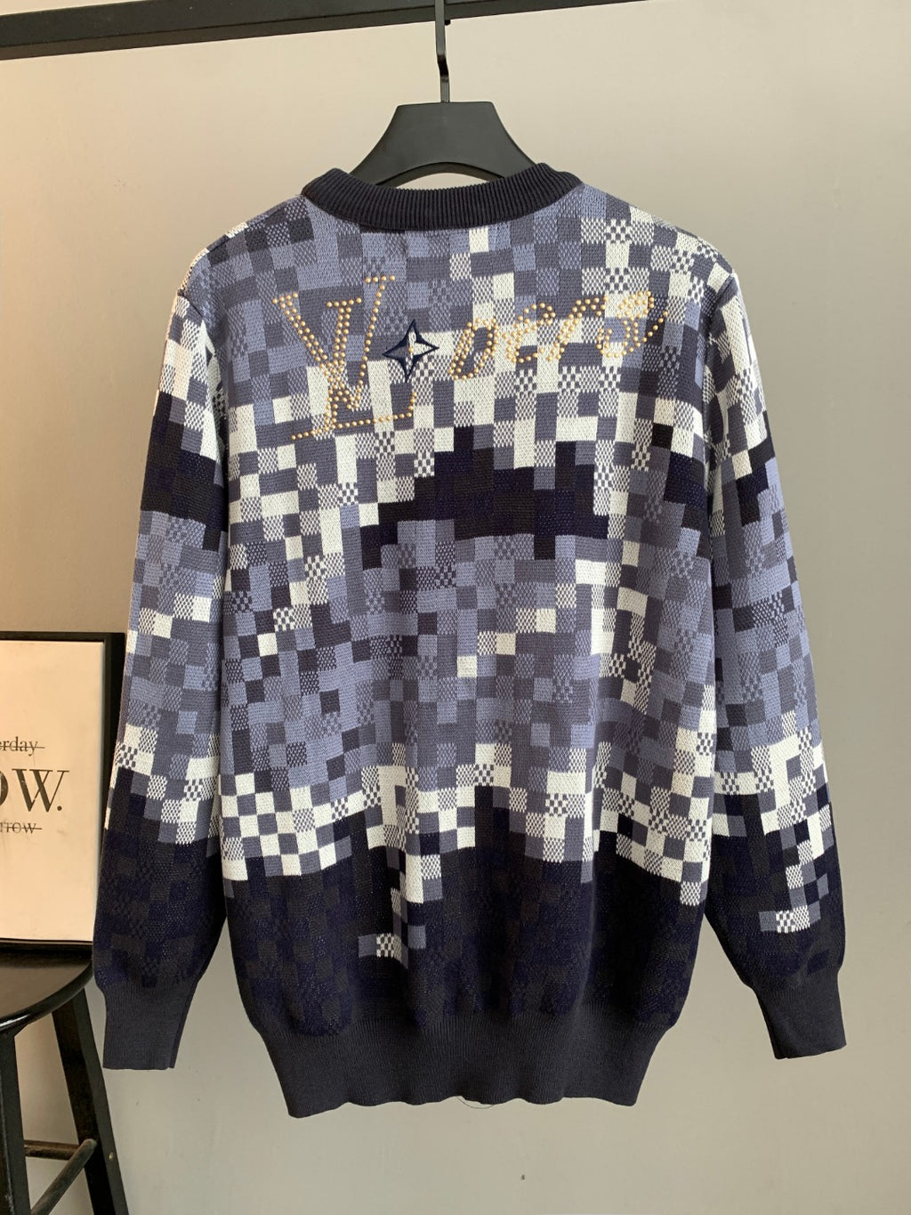 Louis Vuitton check knit sweater back view, crew neck, navy and white pattern