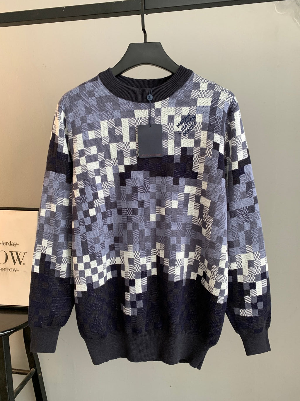 Louis Vuitton check knit sweater with crew neck, long sleeves, navy and white pattern
