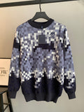Louis Vuitton check knit sweater with crew neck, long sleeves, navy and white pattern