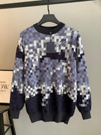 Louis Vuitton check knit sweater with crew neck, long sleeves, navy and white pattern