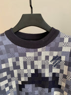 Louis Vuitton knit sweater chest close-up, crew neck, navy and white check pattern