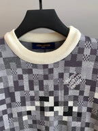 Louis Vuitton sweater front neckline with cream ribbed collar and check knit pattern