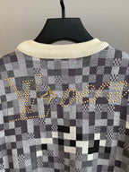 Louis Vuitton sweater back with large gold-tone check pattern logo and cream ribbed collar
