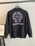 Charcoal knit long-sleeve sweater with large back graphic and ribbed crew neckline