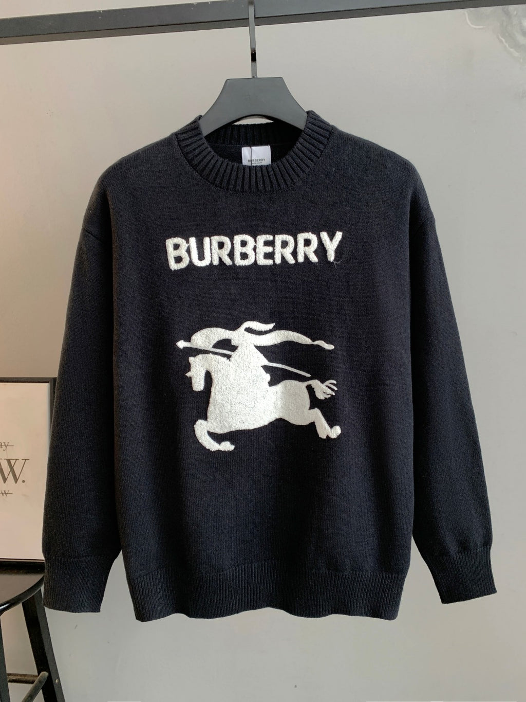 Burberry long-sleeve knit sweater in dark tone with BURBERRY logo and horse graphic