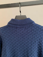 Blue knit sweater close-up of ribbed turtleneck and textured back