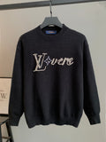 Charcoal knit crewneck pullover sweater with jeweled LV logo front