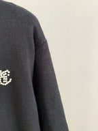 Charcoal knit sweater sleeve and shoulder seam detail