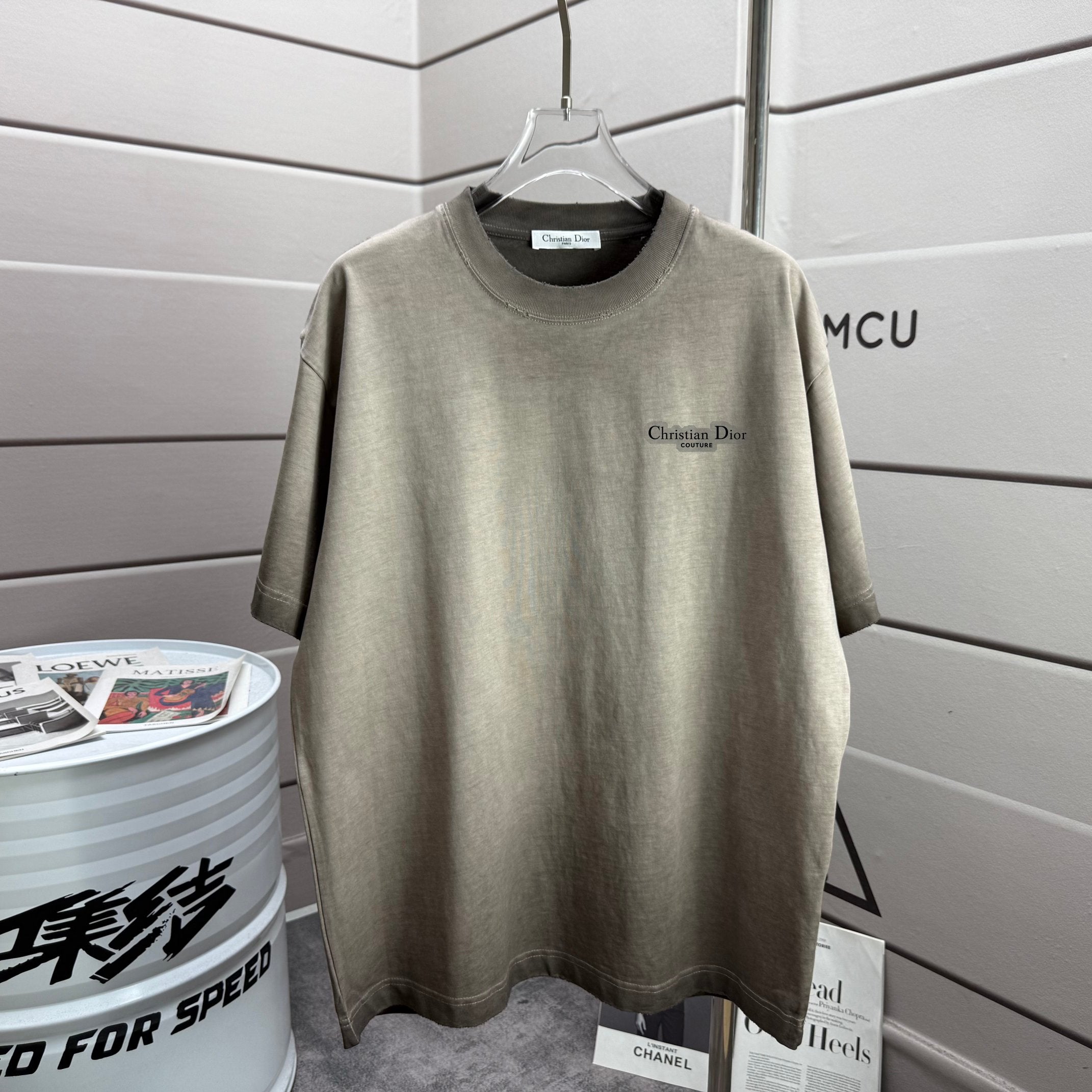 Khaki short-sleeve T-shirt with Christian Dior logo on chest, crew neck