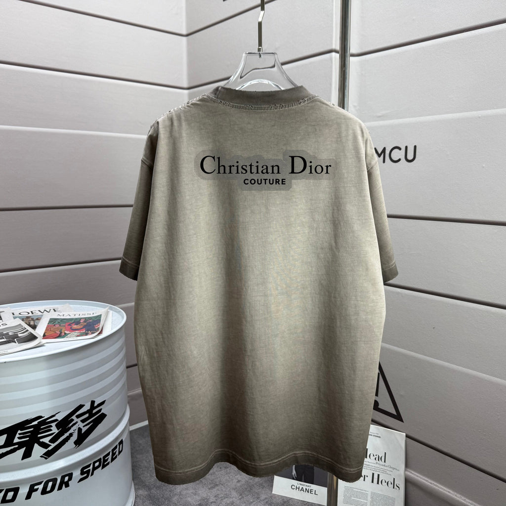 Khaki short-sleeve T-shirt with Christian Dior text on back, crew neck