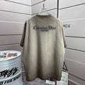 Khaki short-sleeve T-shirt with Christian Dior text on back, crew neck