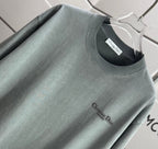 Light gray short-sleeve T-shirt close-up: crew neck and Christian Dior logo detail.