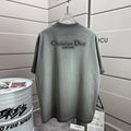 Light gray short-sleeve T-shirt with Christian Dior logo print on back.