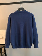 Navy blue knit crewneck sweater, plain back view