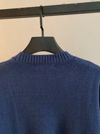 Navy blue knit crewneck sweater neckline, plain back