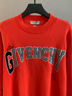 Givenchy red knit sweater with large GIVENCHY lettering on the front