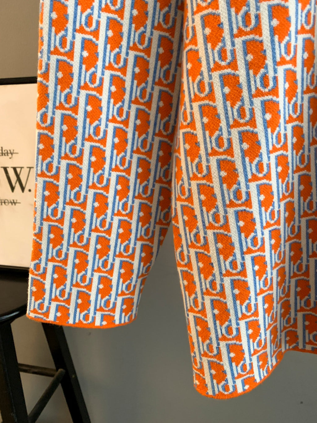 Dior logo-print long-sleeve shirt, orange-and-blue patterned sleeve and cuff
