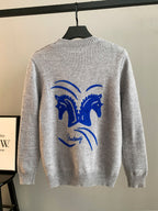 Gray crewneck knit sweater with large blue horse logo on the back, long sleeves