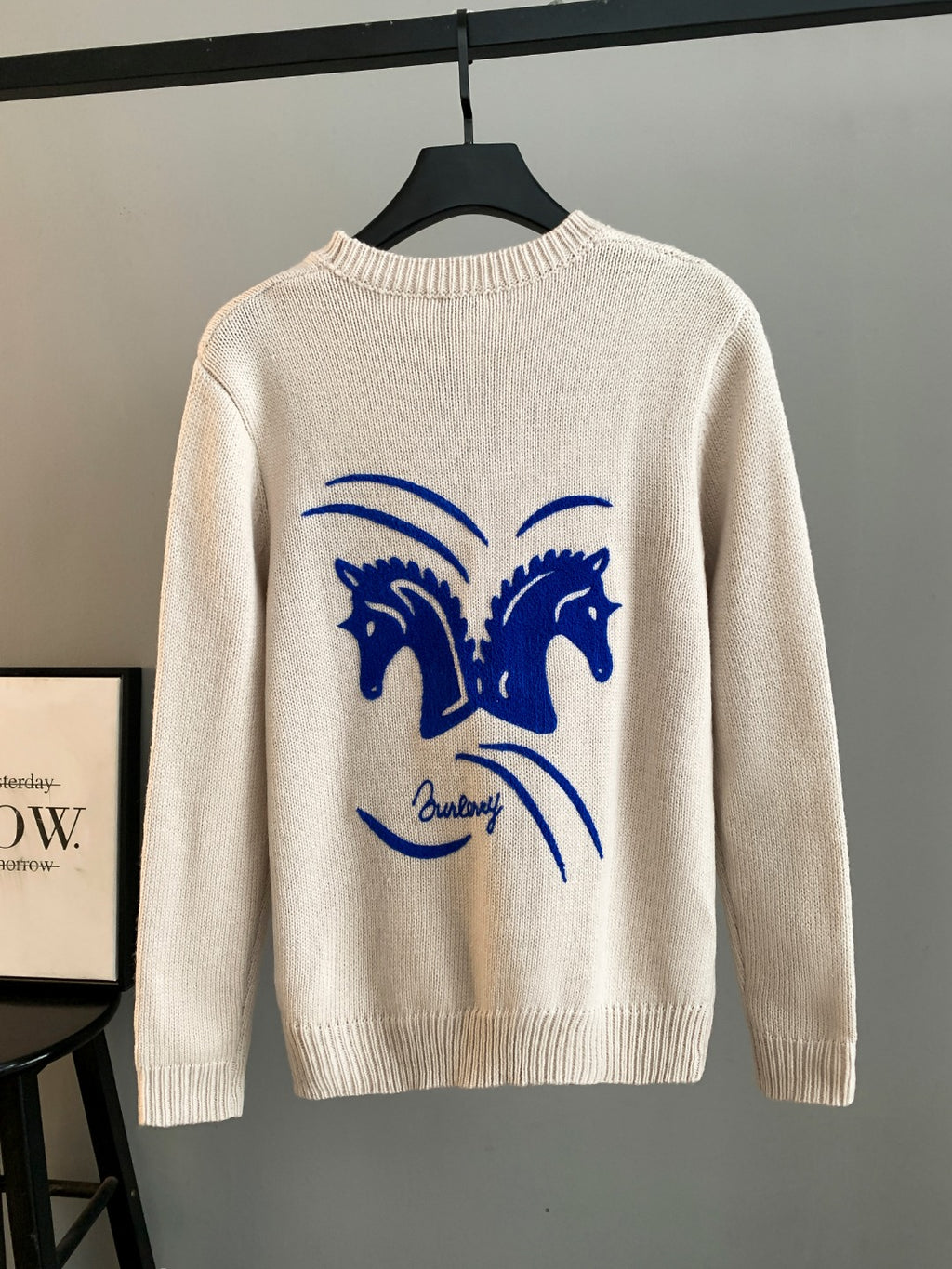 Burberry long sweater, cream knit with large blue horse graphic on back