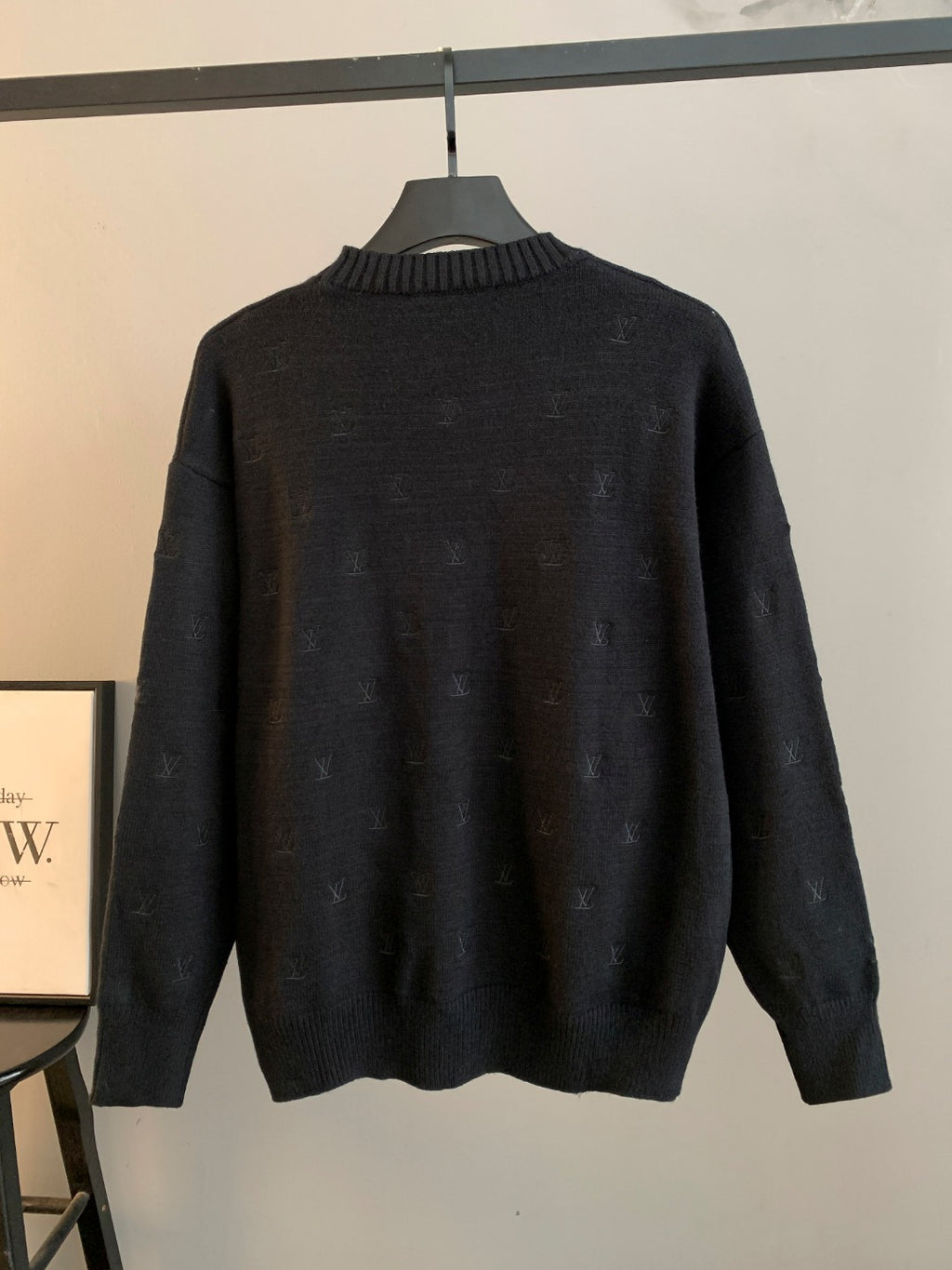 Dark long-sleeve knit sweater with ribbed crew neck and LV monogram all-over