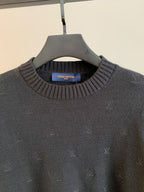 Louis Vuitton knit sweater close-up: ribbed crew neck and LV monogram pattern