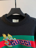 Gucci knit sweater neckline with ribbed crew collar and logo stripe detail
