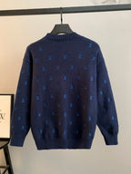 Dark navy knit sweater with blue Louis Vuitton monogram pattern and ribbed crew neck