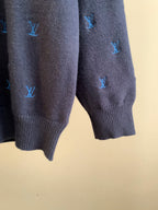 Dark navy knit sweater hem and sleeve cuff with blue Louis Vuitton monogram pattern