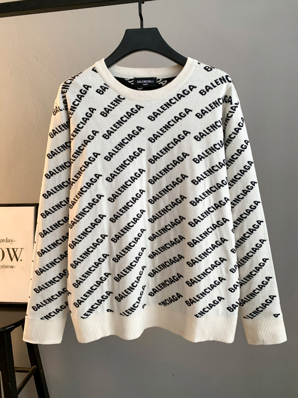 Long-sleeve sweater in cream with black BALENCIAGA logo pattern and ribbed hem