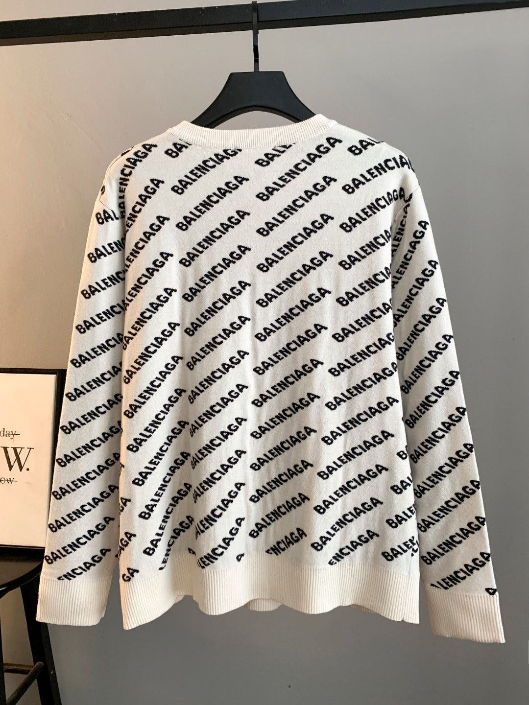 Long-sleeve sweater in cream with black BALENCIAGA logo pattern and ribbed cuffs