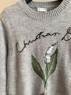 Dior grey knit sweater with green leaf embroidery and script graphic