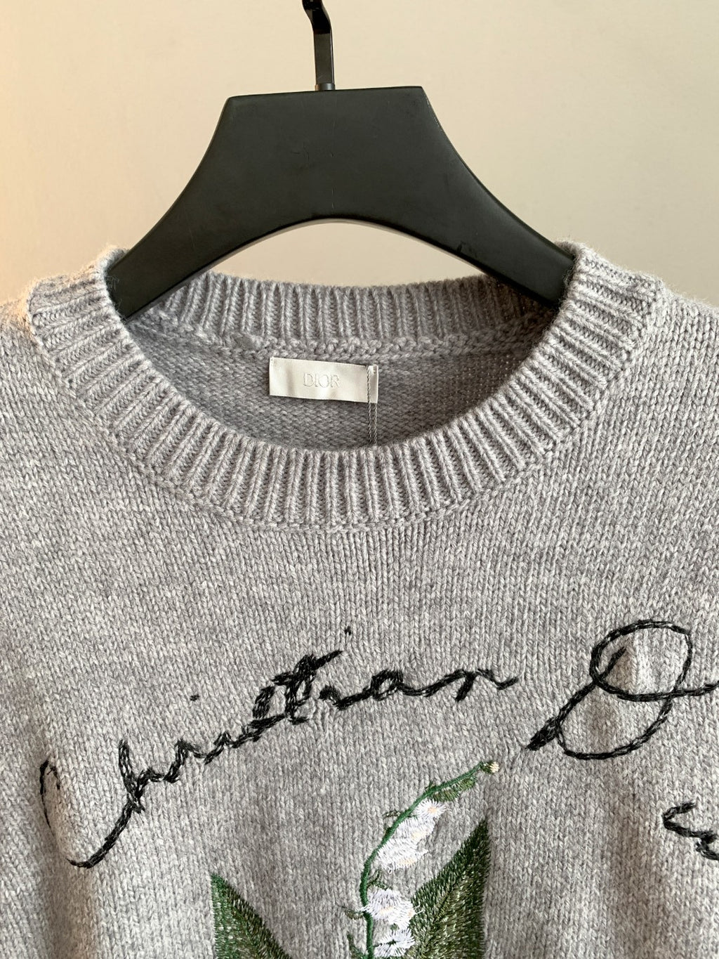 Dior grey knit sweater with ribbed crew neck and embroidered graphic detail