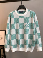 Long-sleeve crewneck sweater with white and green check knit pattern