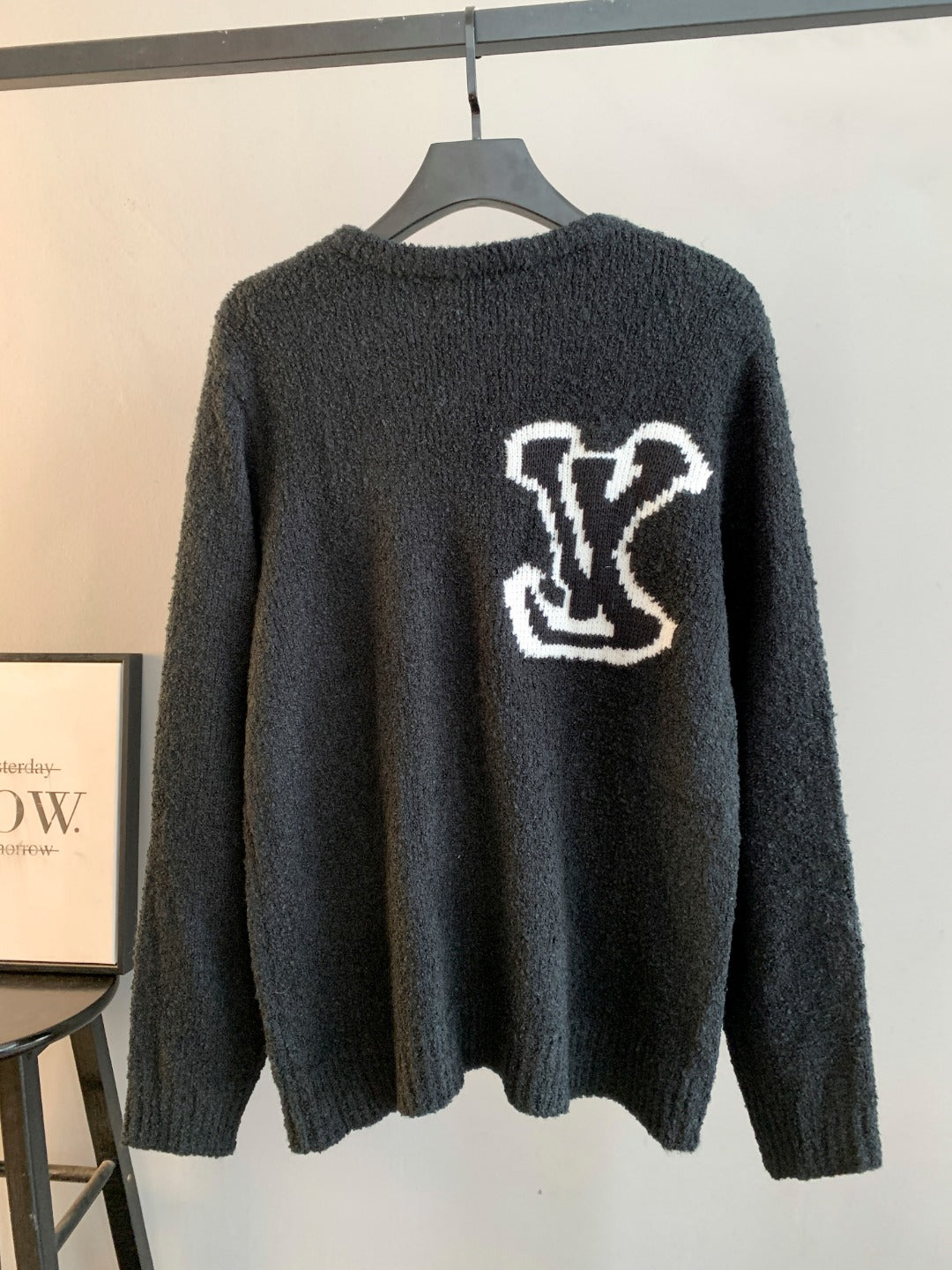 Louis Vuitton long-sleeve sweater, dark charcoal with white emblem on back