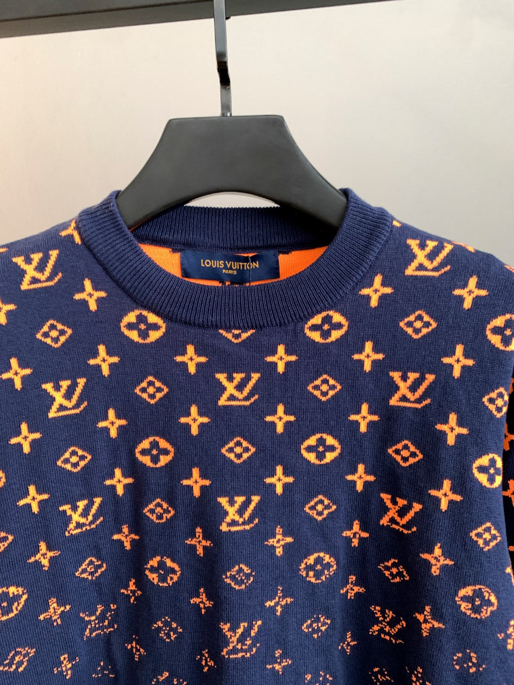 Louis Vuitton logo sweater neckline in navy with orange monogram pattern