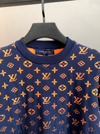 Louis Vuitton logo sweater neckline in navy with orange monogram pattern