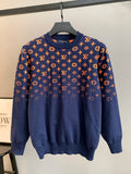 Louis Vuitton logo long-sleeve sweater in navy with orange monogram pattern