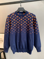 Louis Vuitton logo long-sleeve sweater in navy with orange monogram pattern