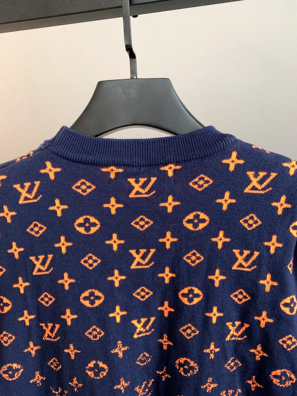 Louis Vuitton logo sweater collar with orange monogram pattern on navy