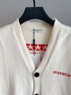 White knit cardigan V-neck with black button, red Givenchy logo stripe detail