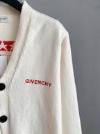 White knit cardigan with red GIVENCHY logo embroidery on chest
