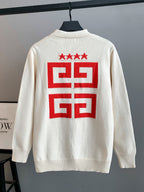 White knit cardigan back with large red geometric crest graphic